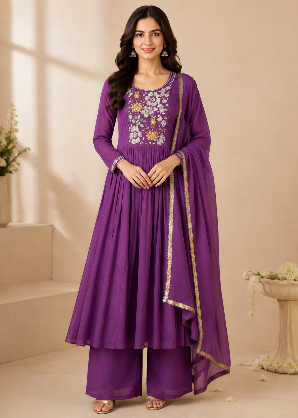 A woman models a purple three-piece salwar kameez set with floral embroidery on the chest and a matching dupatta, set against a warm beige background with decorative plants.