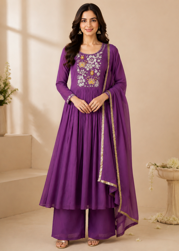 A woman models a purple three-piece salwar kameez set with floral embroidery on the chest and a matching dupatta, set against a warm beige background with decorative plants.