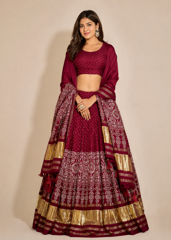 A woman modeling a traditional Indian lehenga choli set in deep maroon with intricate gold and silver zari embroidery and a matching dupatta, set against a plain beige studio background.