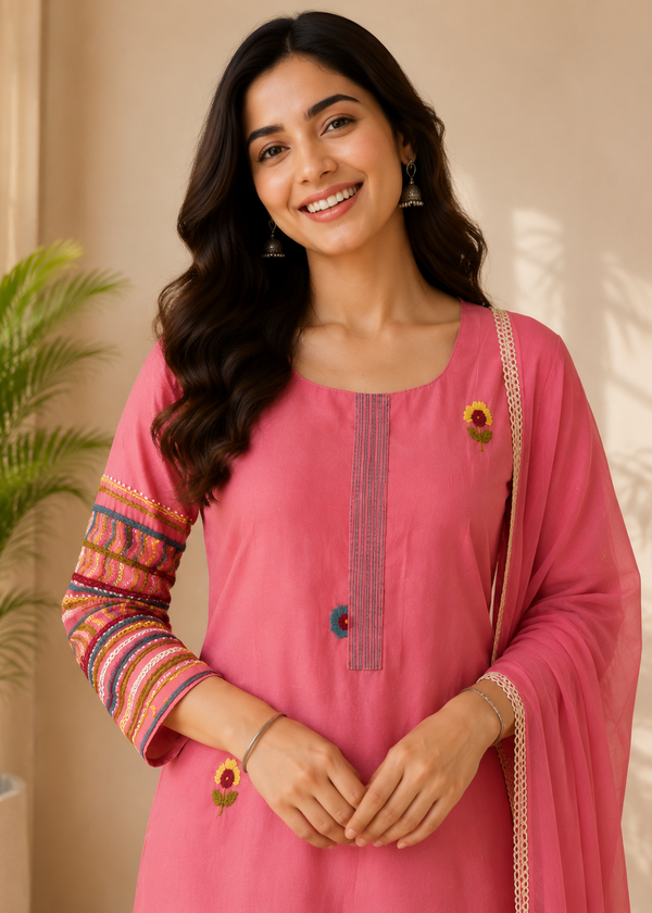 A woman wearing a pink traditional kurta set with embroidered details and a matching dupatta, standing in a softly lit indoor setting with a potted plant visible on the left.