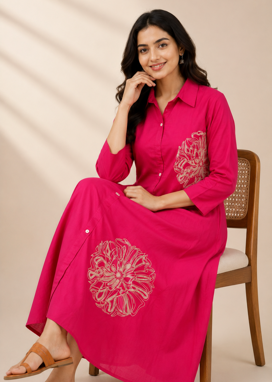 A woman wearing a bright pink long-sleeve maxi shirt dress with white floral embroidery, sitting on a wooden chair against a beige background with soft shadow patterns.