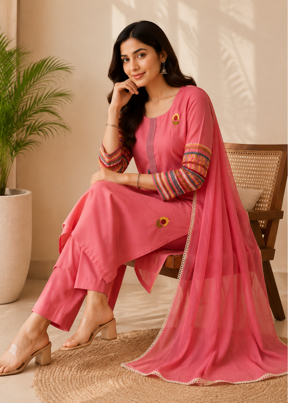 A woman models a pink traditional three-piece salwar kameez suit with a matching sheer dupatta, sitting on a woven chair in a warm, sunlit room.