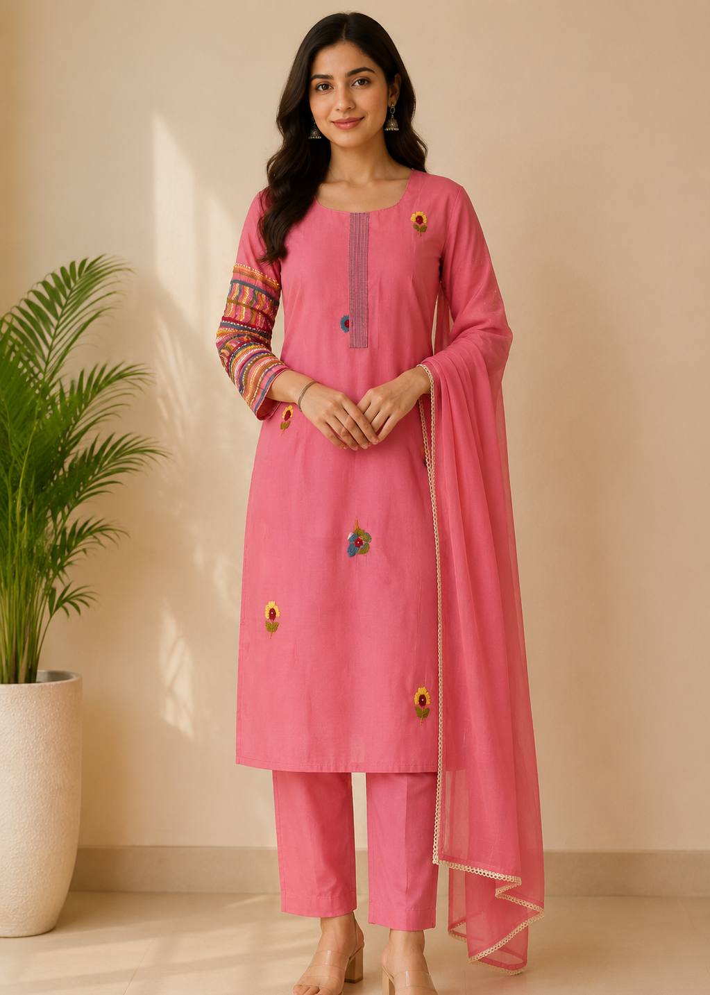 A woman modeling a pink traditional Indian salwar kameez set with matching pants and dupatta, featuring colorful embroidered details on the sleeves and front, set against a warm beige wall with a potted plant on the left.