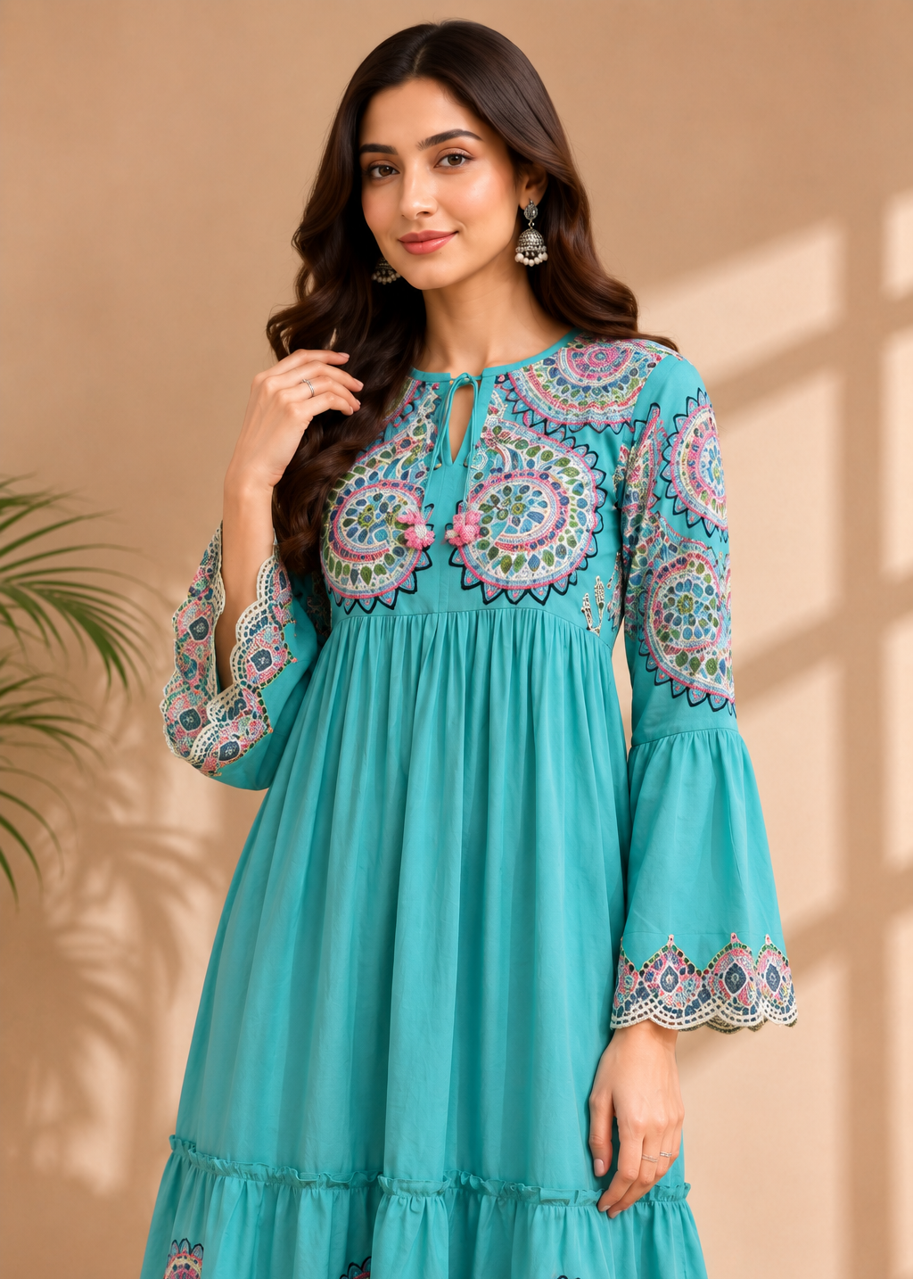 Sky Blue Embroidered Tiered Cotton Midi Dress