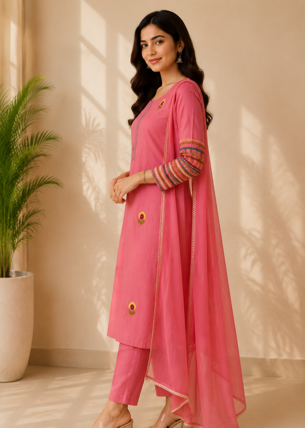 A woman models a pink Indian ethnic outfit consisting of a kurta, trousers, and a dupatta. The kurta features gold buttons and colorful striped embroidery on the sleeves, paired with matching pink trousers and a sheer pink dupatta, set against a warm beige wall with soft window shadows.