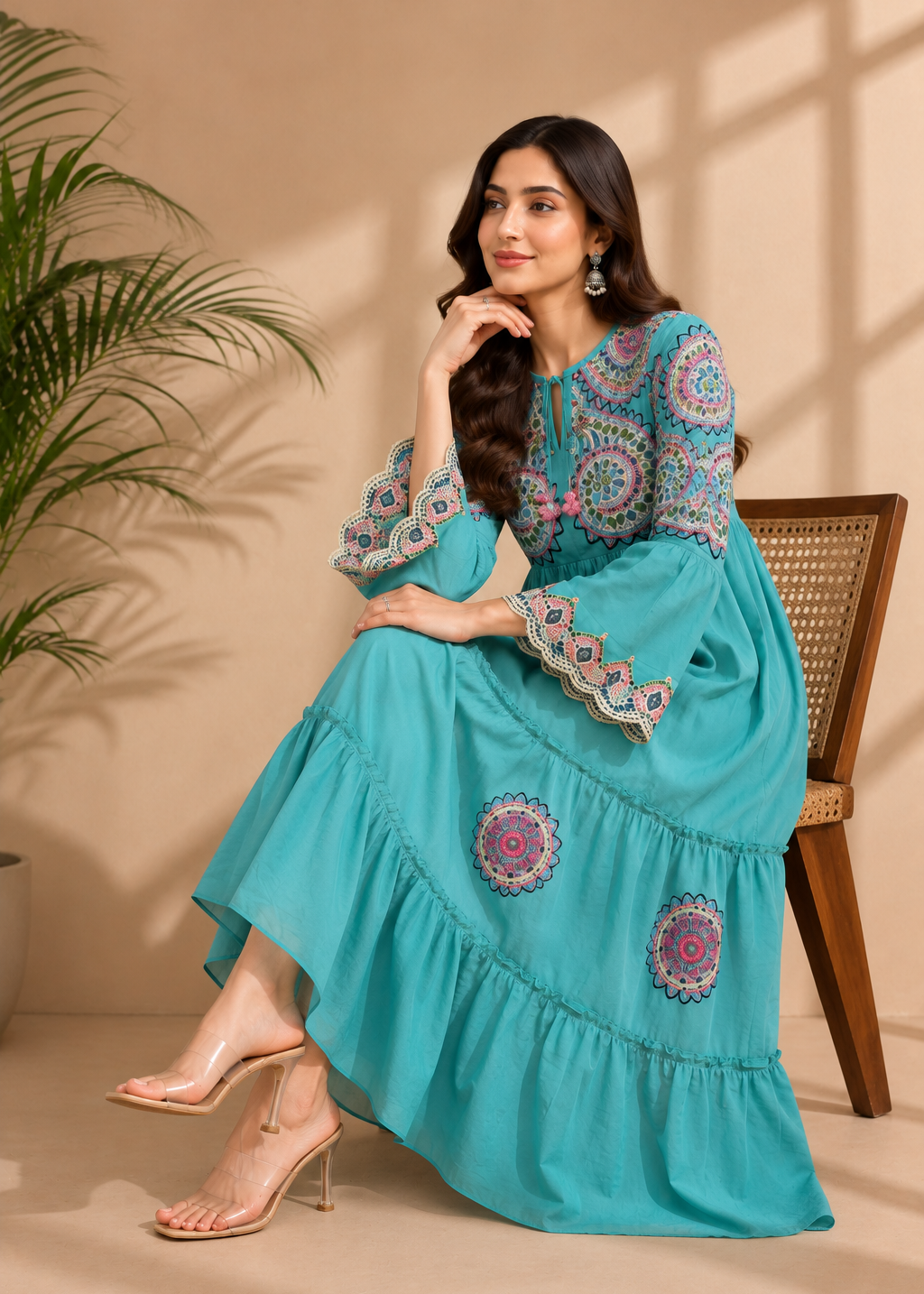 Sky Blue Embroidered Tiered Cotton Midi Dress