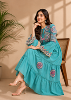 Sky Blue Embroidered Tiered Cotton Midi Dress