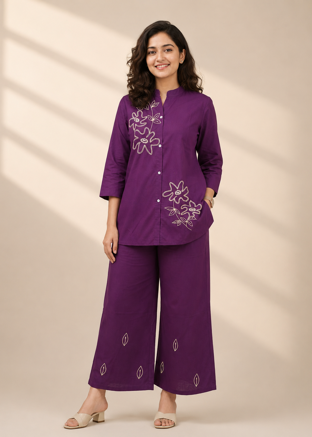 A woman modeling a purple two-piece kurta set with white floral embroidery, standing against a beige background with soft window shadow patterns.