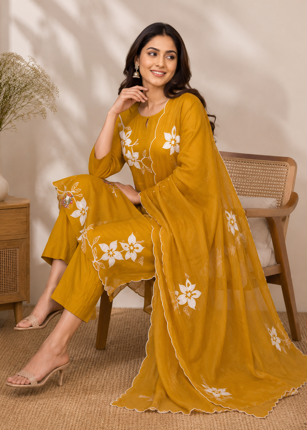 A woman models a mustard yellow ethnic salwar kameez suit with white floral embroidery, sitting on a wooden chair in a warm, neutral-toned room.