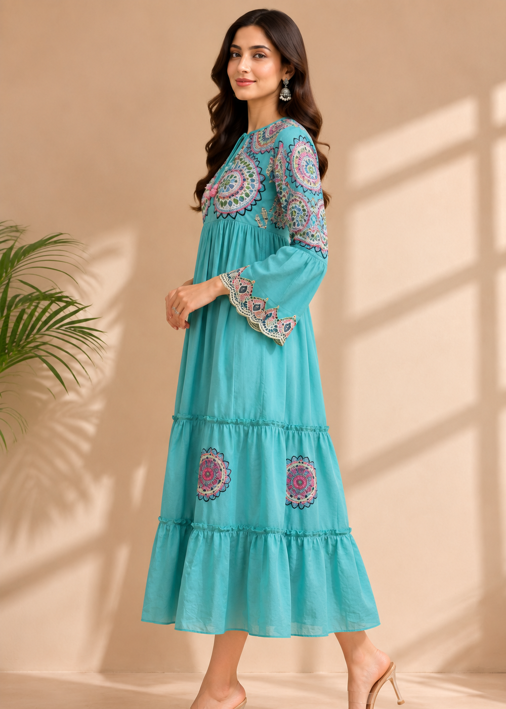 A woman modeling a tiered turquoise blue maxi dress with colorful embroidered details on the neckline, sleeves, and lower skirt, set against a warm beige wall with soft window shadows.