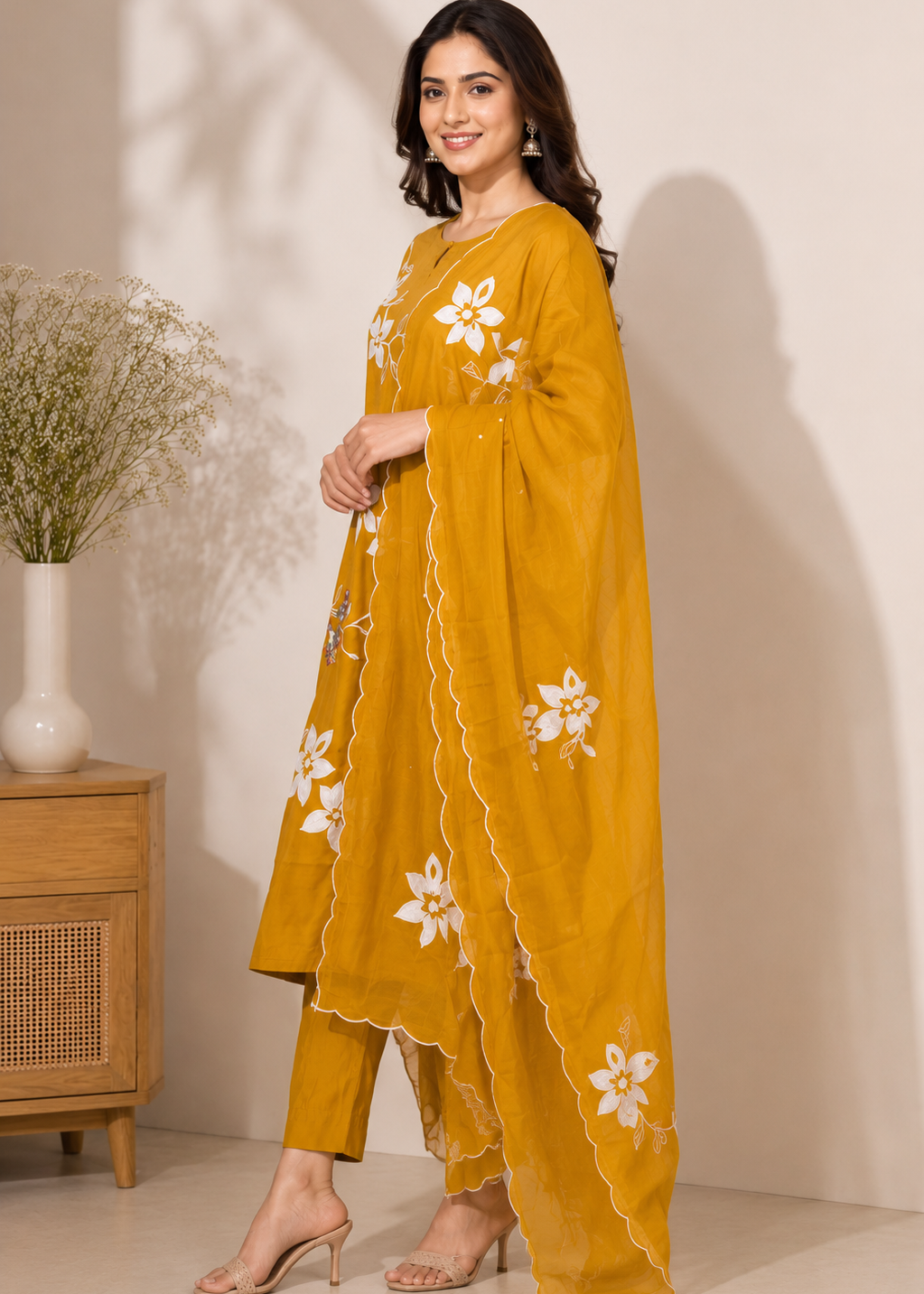 A woman models a mustard yellow three-piece salwar kameez suit with white floral embroidery and scalloped edges, standing in a warm, neutral-toned room next to a wooden side table with dried flowers.