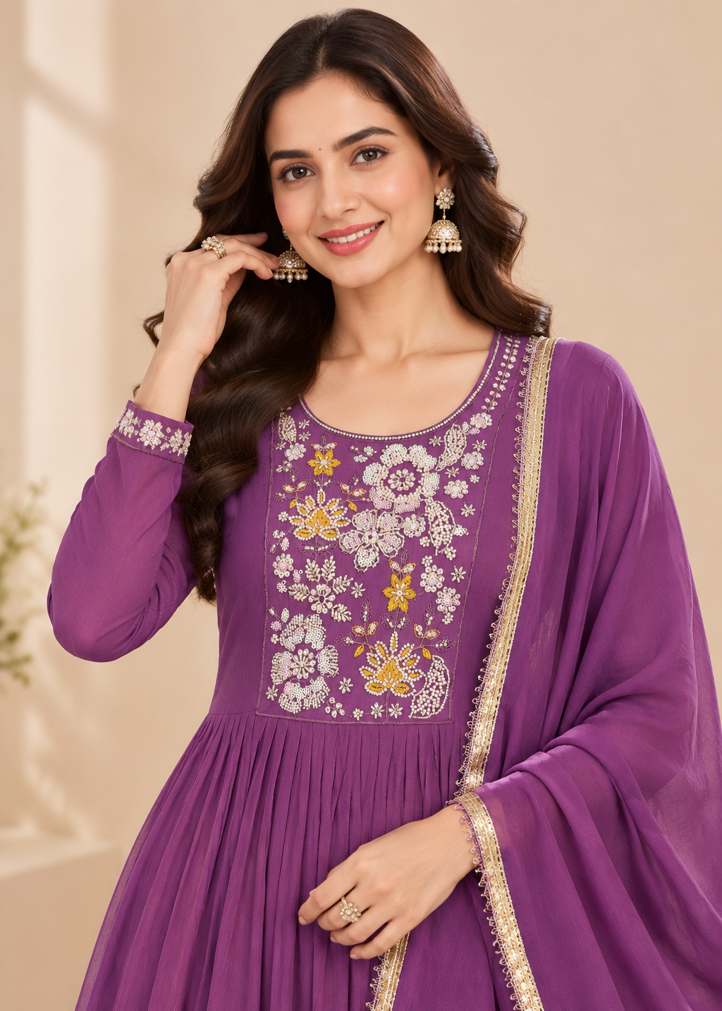 A woman modeling a purple long-sleeve Anarkali-style dress with floral embroidery on the chest and a matching draped scarf with gold trim, set against a warm beige background.