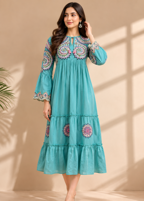 Sky Blue Embroidered Tiered Cotton Midi Dress