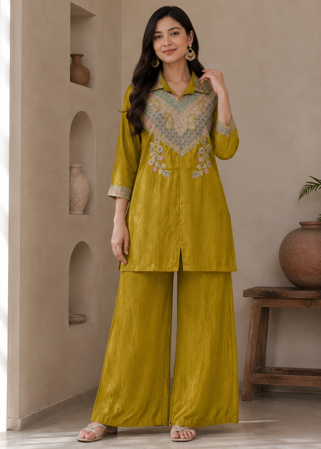 A woman models a mustard yellow three-piece kurta set with wide-leg pants and a matching shirt, featuring a detailed embroidered yoke in beige, green, and blue. She is standing in a warm-toned room with beige walls, built-in shelves, and a wooden side table with a large ceramic pot.