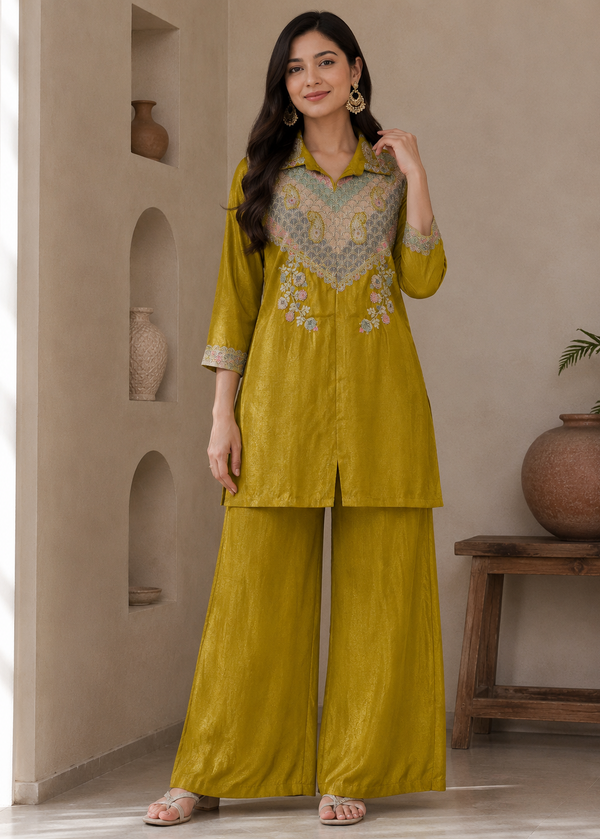 A woman models a mustard yellow three-piece kurta set with wide-leg pants and a matching shirt, featuring a detailed embroidered yoke in beige, green, and blue. She is standing in a warm-toned room with beige walls, built-in shelves, and a wooden side table with a large ceramic pot.