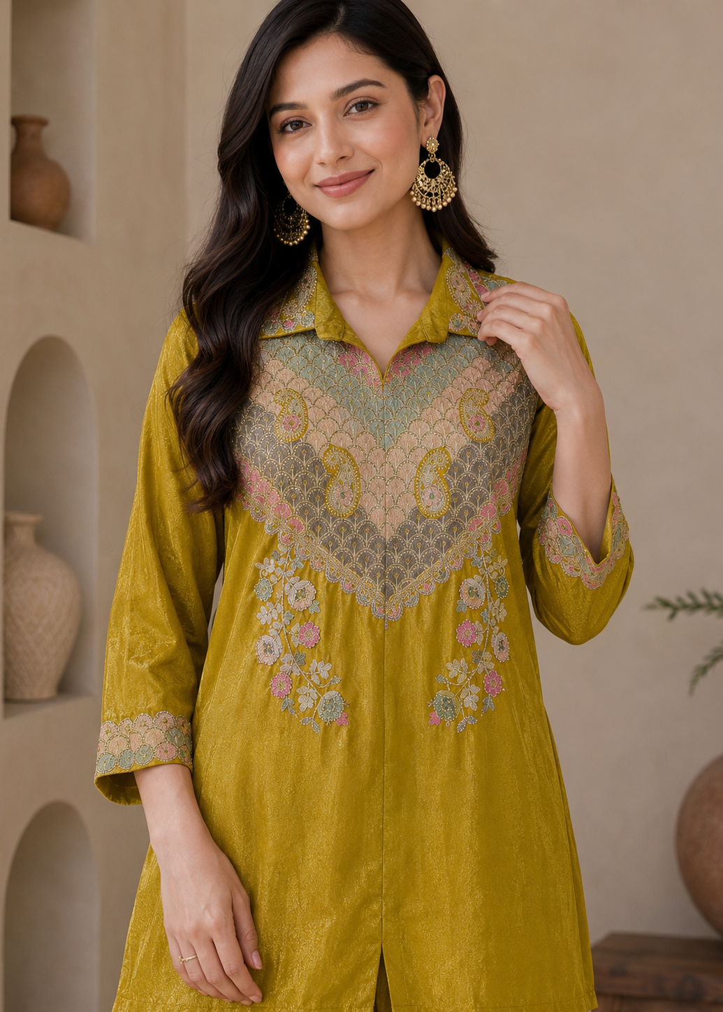 A woman wearing a mustard yellow embroidered kurta with a green and beige paisley yoke and multicolor floral embroidery on the chest, standing in a warm-toned interior setting.