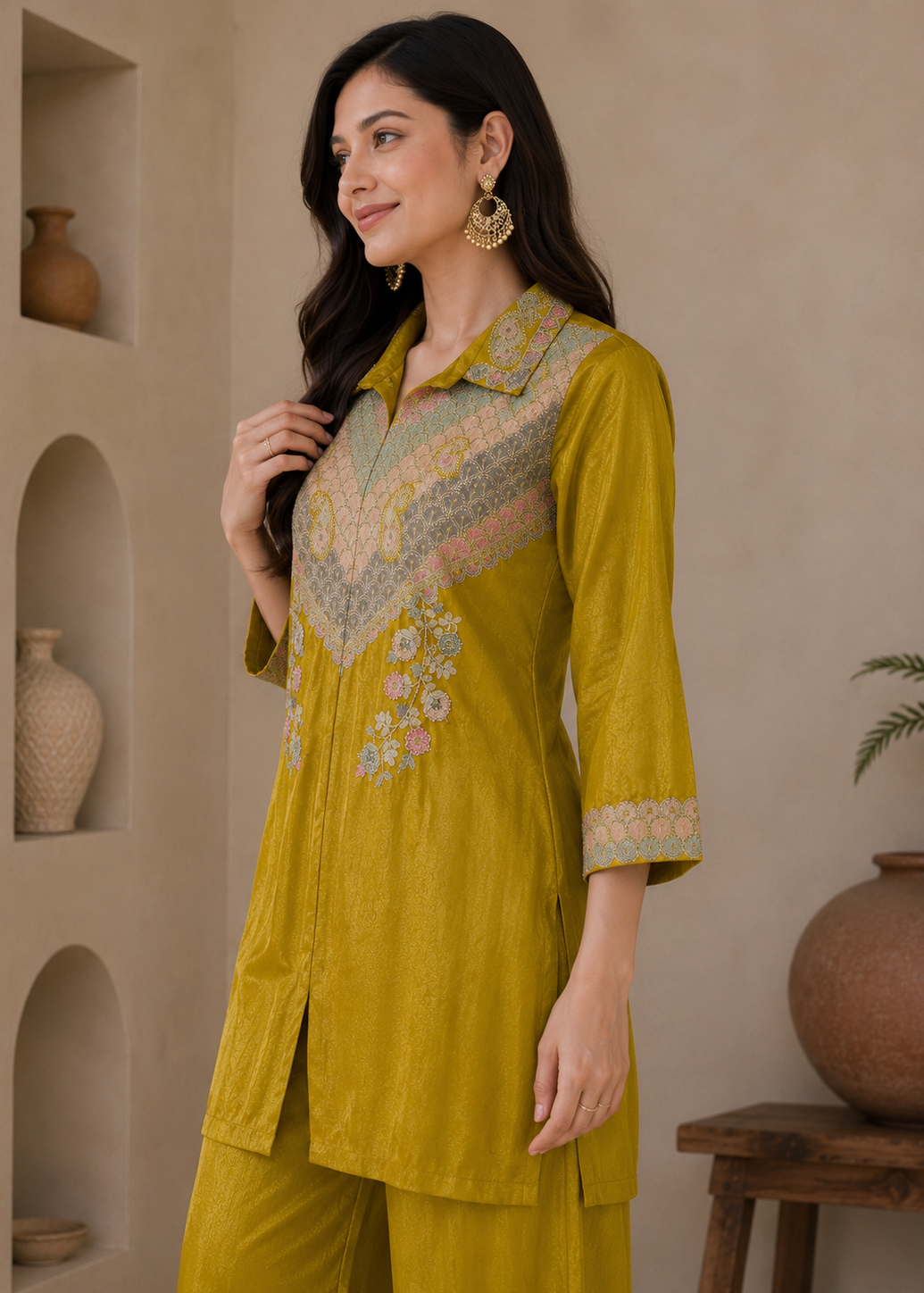 A woman models a mustard yellow kurta and matching trousers set with intricate multicolor floral embroidery on the chest and sleeve cuffs, set against a warm beige wall with decorative arches.