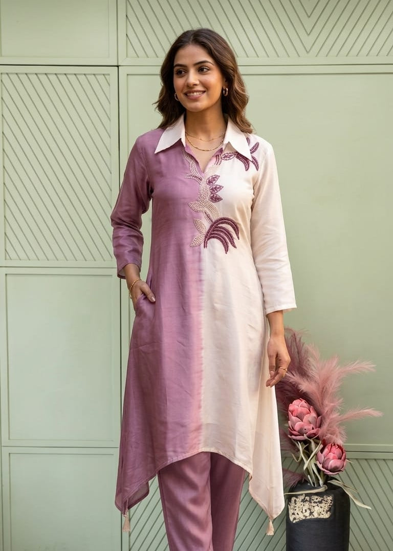 Blush Pink & Ivory Embroidered High-Low Kurta Set