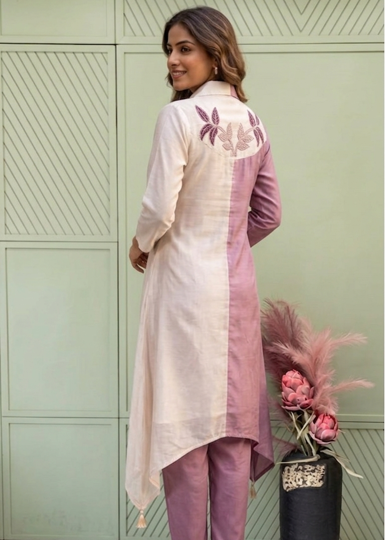Blush Pink & Ivory Embroidered High-Low Kurta Set