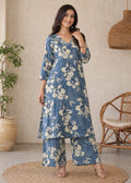 Blue Floral Printed Kurta Palazzo Set for Women