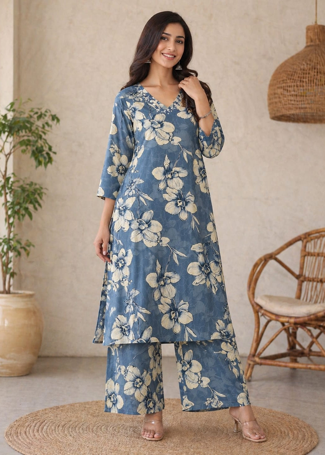 Blue Floral Printed Kurta Palazzo Set for Women