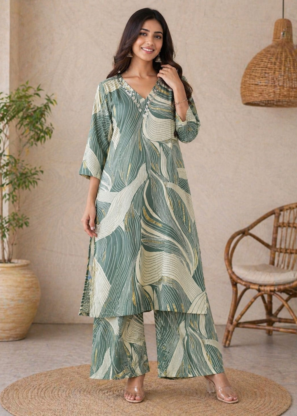 Sage Green Abstract Printed Kurta Palazzo Set for Women