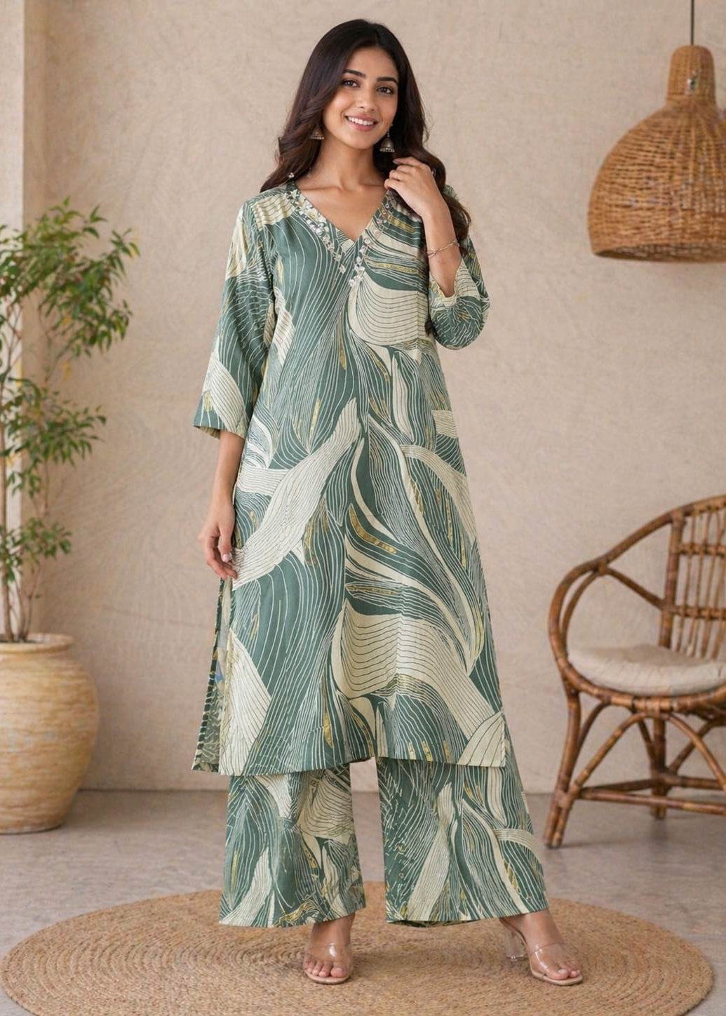 Sage Green Abstract Printed Kurta Palazzo Set for Women