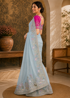 Powder Blue Tissue Silk Saree with Checkered Giraffe, Bird & Floral Embroidery