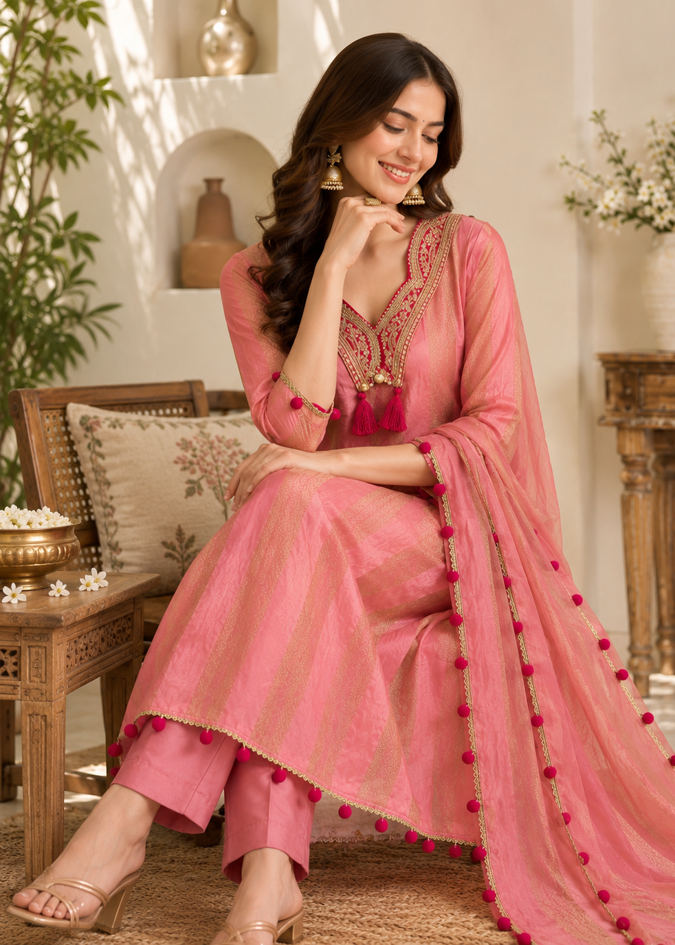 A woman models a pink traditional South Asian salwar kameez set with a matching dupatta draped over her lap. The outfit features a pink kurta with gold embroidery on the neckline, matching pink trousers, and a sheer pink dupatta adorned with red pom-poms and gold borders.