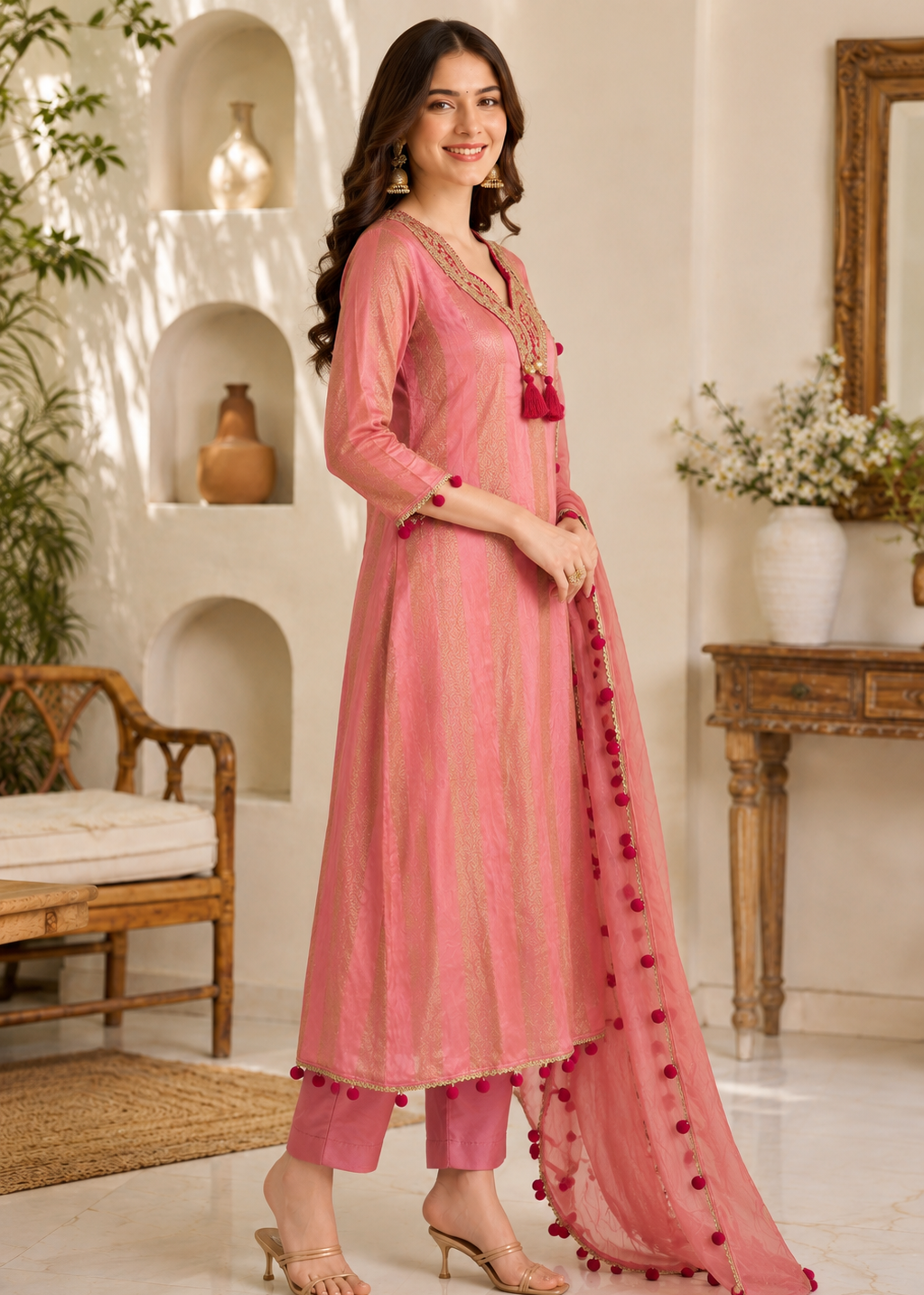 A woman models a pink traditional Indian salwar kameez suit set in a warm, sunlit room with arched alcoves and wooden furniture. The set includes a pink embroidered kurta with a matching dupatta featuring tassel trim and pink trousers.