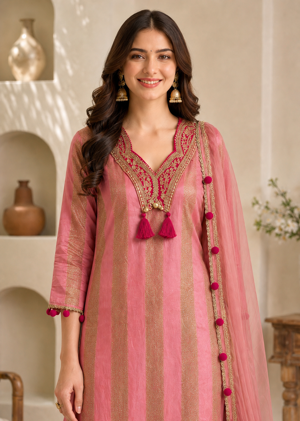 A woman modeling a pink and gold striped kurta with a matching sheer dupatta, featuring detailed gold embroidery on the neckline and red tassel accents.