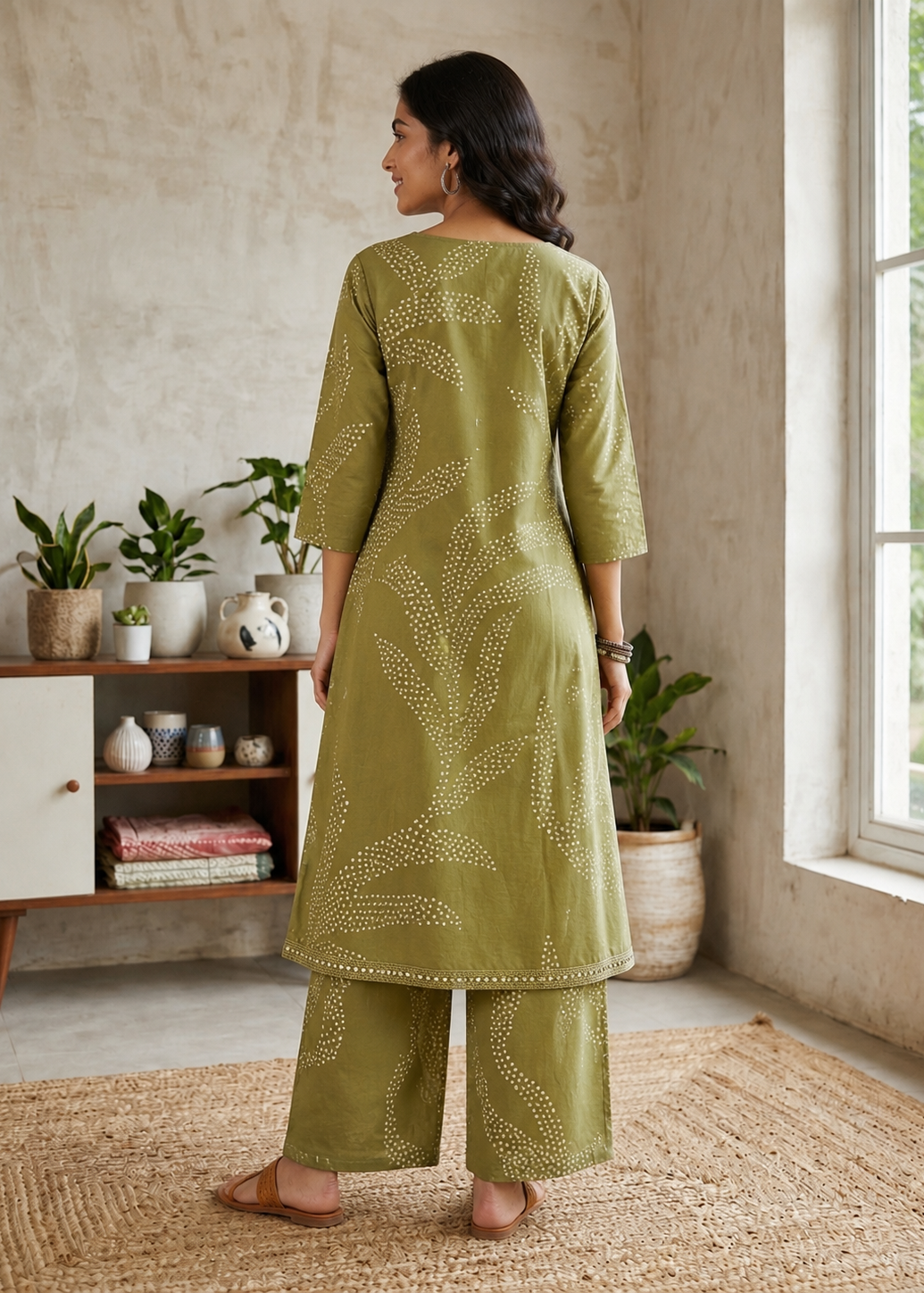 Olive Green Printed Kurta Palazzo Set for Women