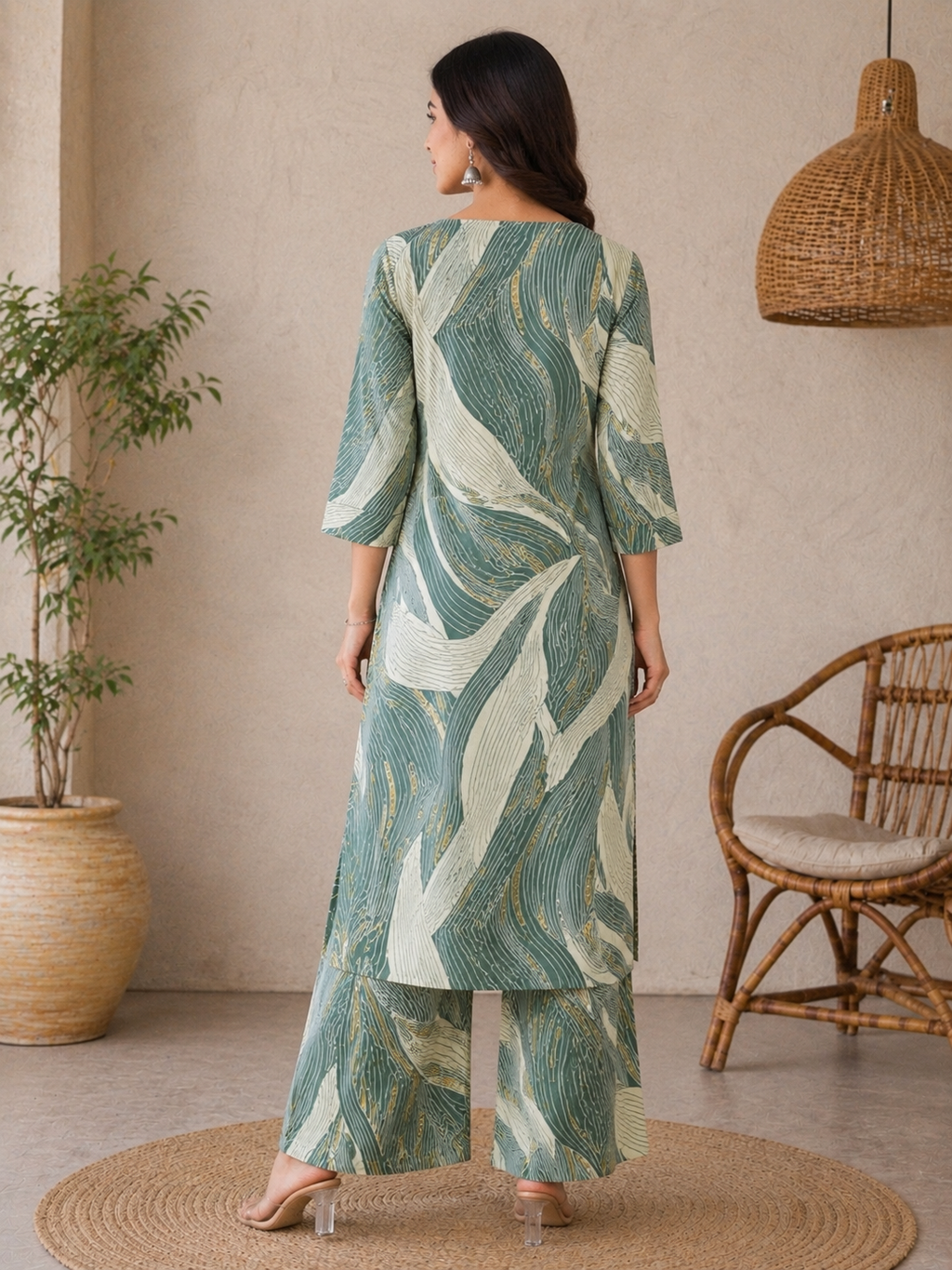Sage Green Abstract Printed Kurta Palazzo Set for Women