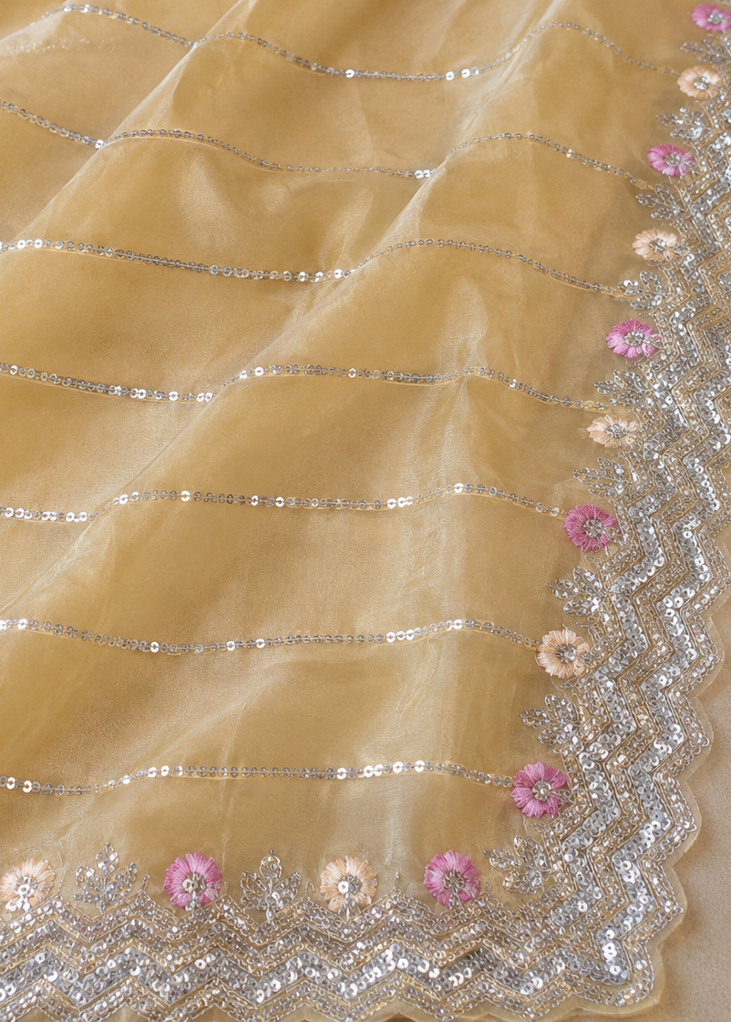 Golden Champagne Tissue Organza Saree With Heavy Embroidered Scalloped Border & Floral Sequin Detailing