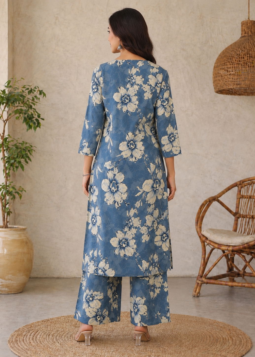 Blue Floral Printed Kurta Palazzo Set for Women