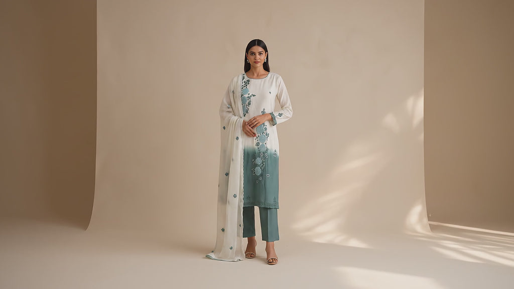 Ivory Teal Ombre Embroidered Kurta Set with Dupatta